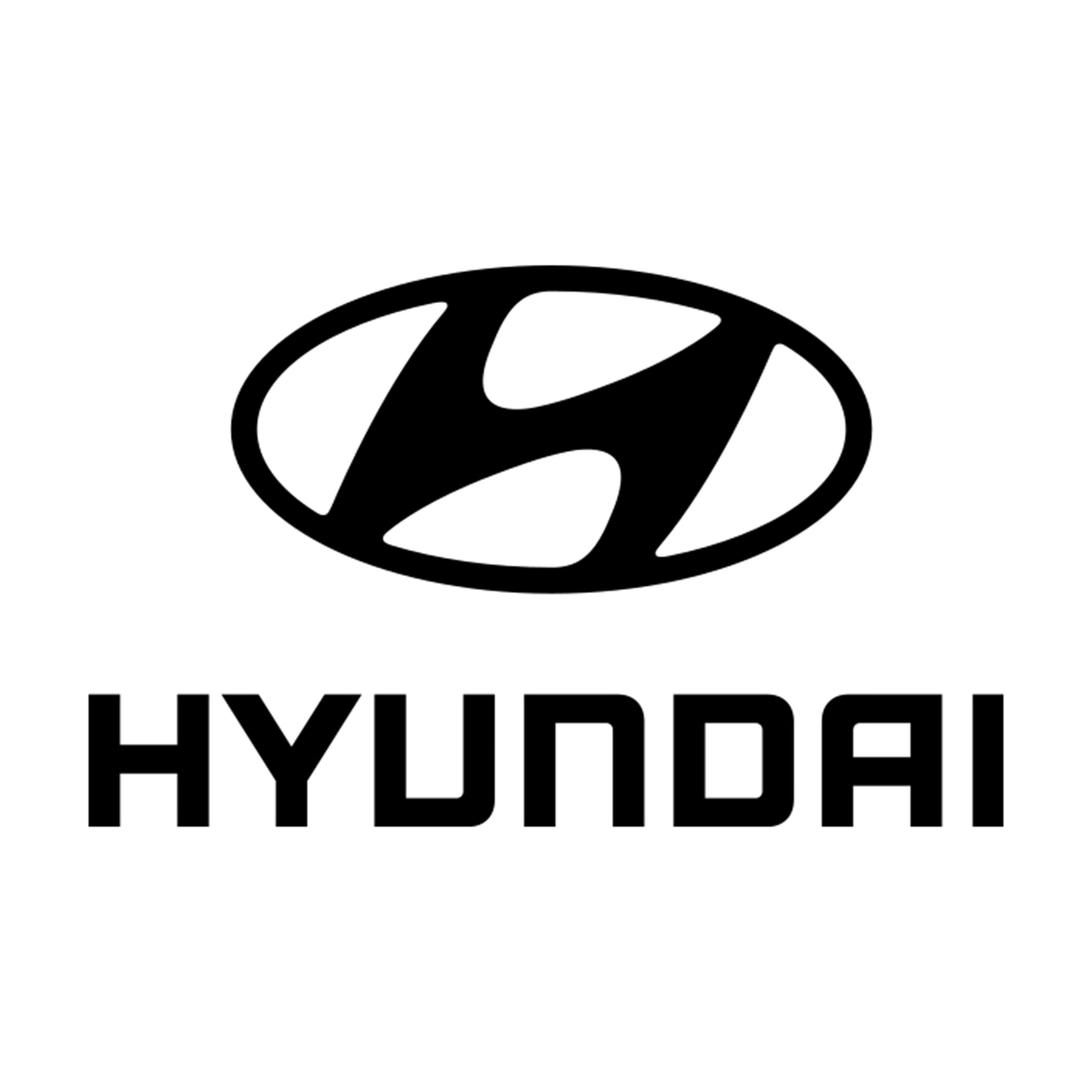 The image displays the Hyundai logo, characterized by a stylized, slanted 'h' enclosed in an oval shape, above the bold, all-caps text "Hyundai".