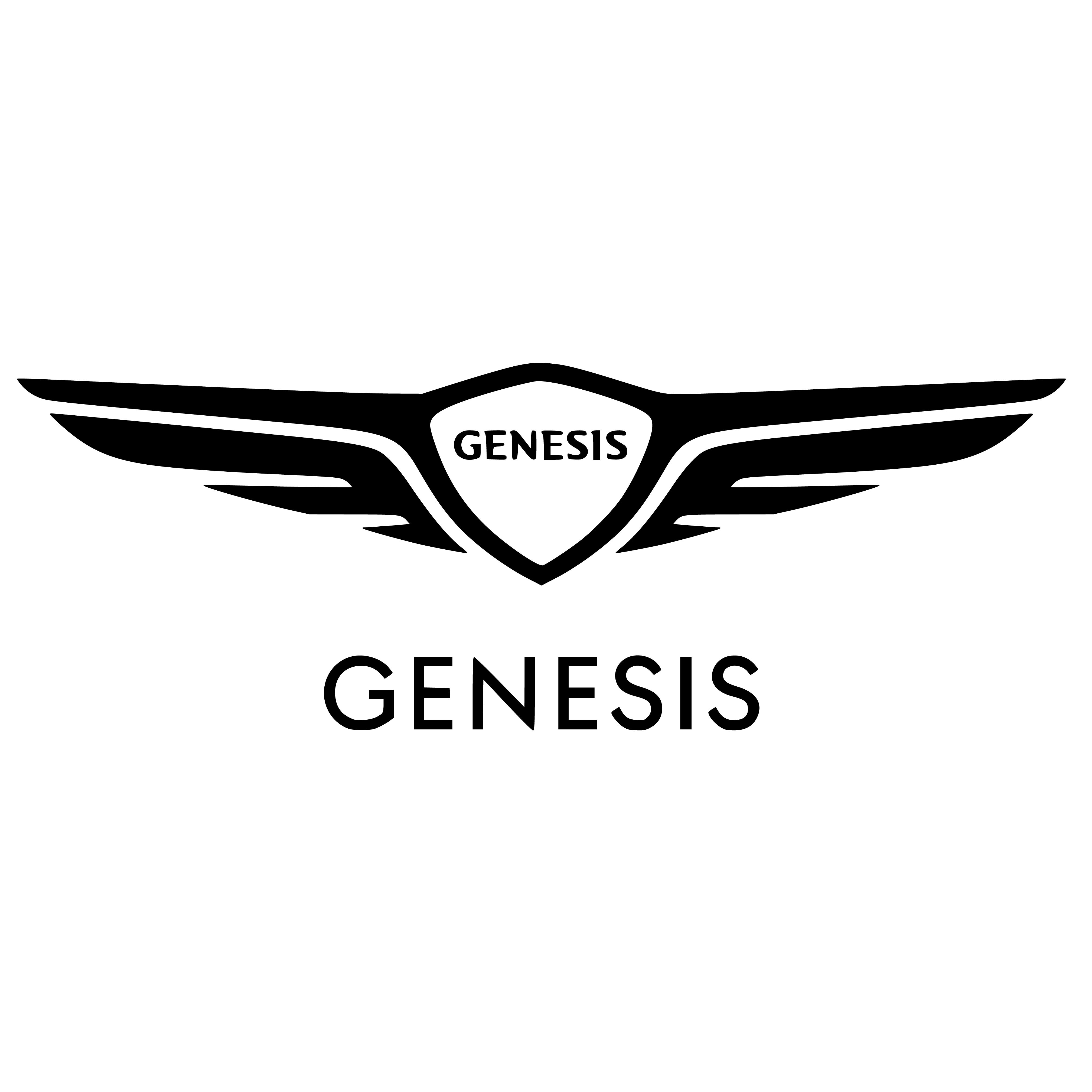 A monochrome logo depicting the word "genesis" flanked by two stylized wings, with a shield shape above the text, also bearing the word "genesis,"